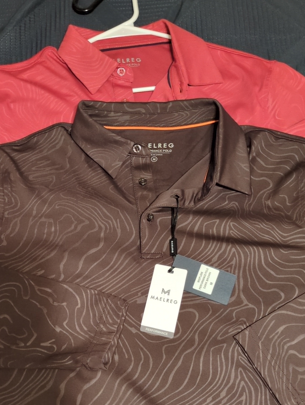 2 Pack Maelreg Men's Brown & Burn Orange Performance Polo Topographic Print NWT